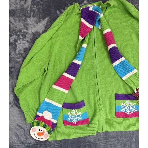 Vintage Women's Full Zip Green Sweater W/ Festive Scarf 3X Tiara International - Picture 7 of 10